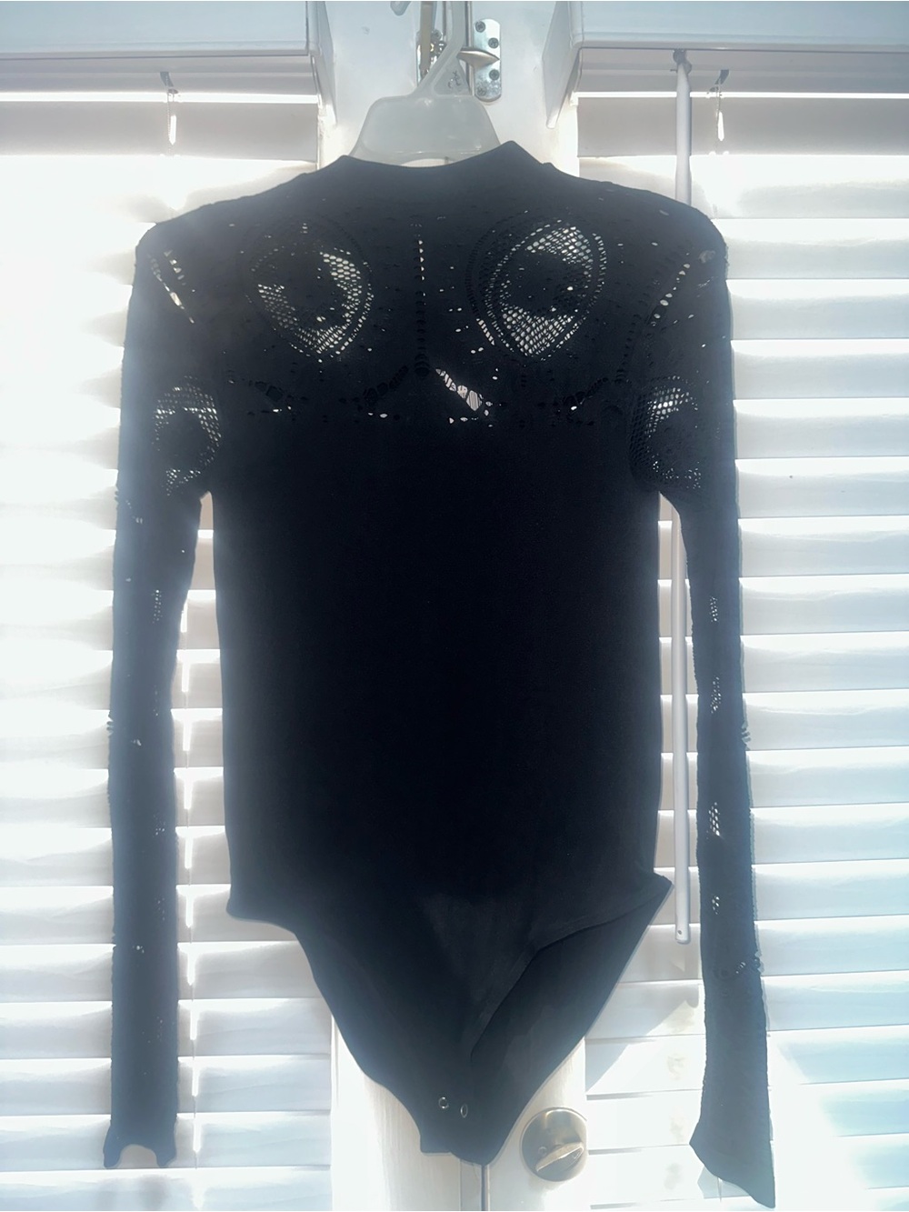 Black Long-Sleeve Lace Yoke Bodysuit - Women size 0X